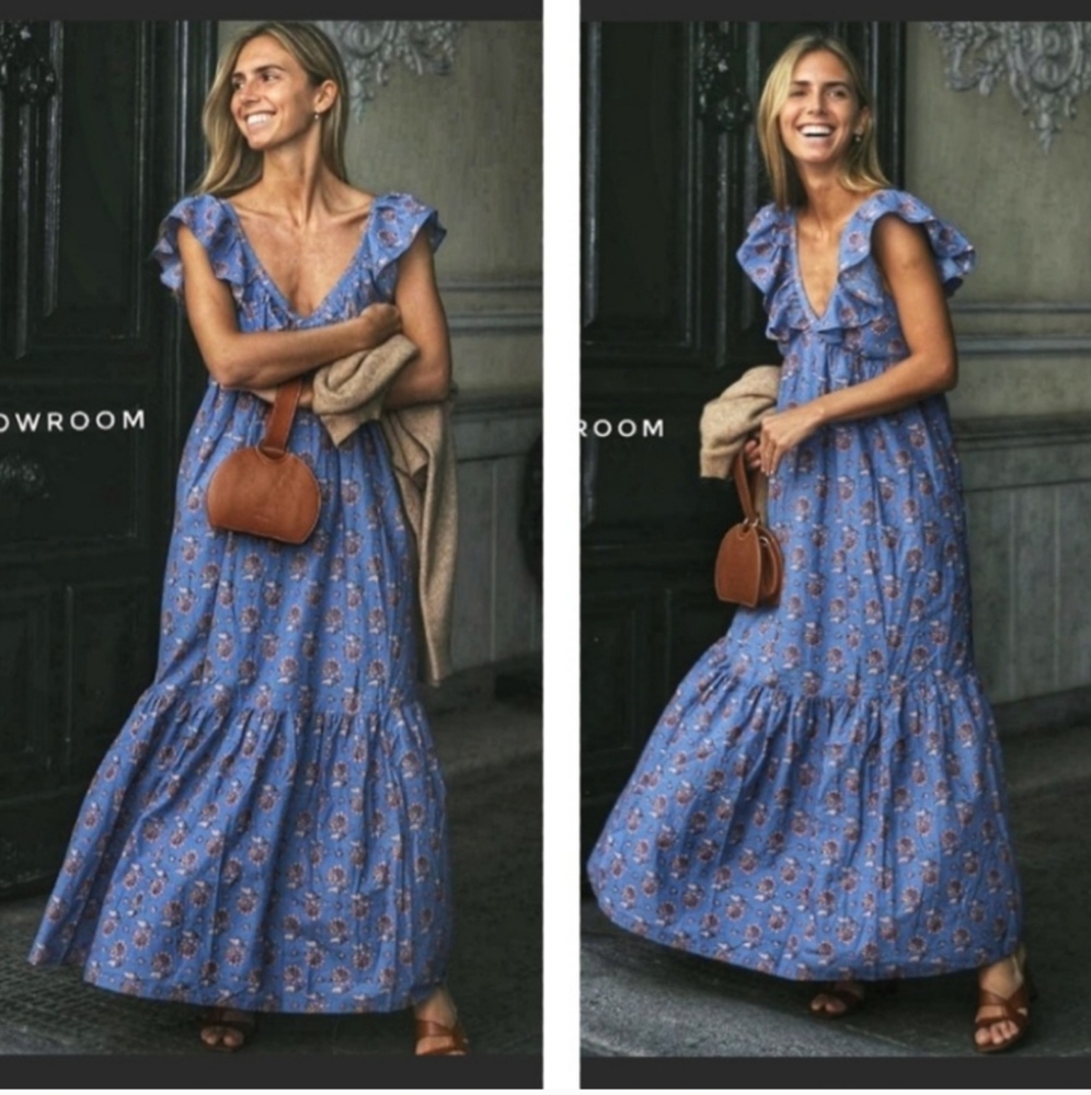 Mango Blue Floral Ruffle Maxi Dress